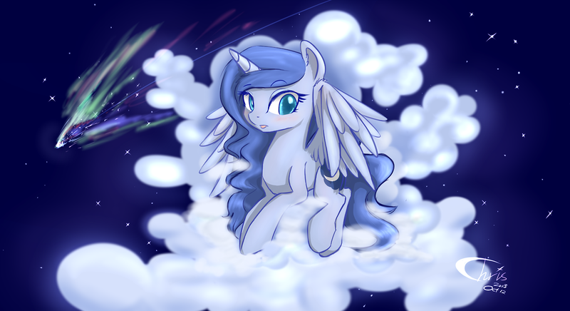 Size: 1280x698 | Tagged: dead source, safe, artist:xcopyen002, derpibooru import, princess luna, alicorn, pony, blushing, cloud, cloudy, female, night, solo, stars