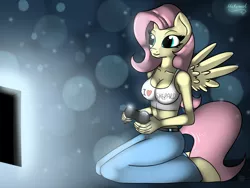 Size: 4000x3000 | Tagged: anthro, artist:malamol, breasts, busty fluttershy, cleavage, clothes, derpibooru import, female, fluttershy, gamer, gamer gurrrl, gamershy, kneeling, lip bite, midriff, safe, shirt, smiling, solo, spread wings, television
