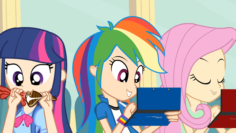 Size: 1920x1080 | Tagged: safe, artist:tiarawhy, derpibooru import, fluttershy, rainbow dash, twilight sparkle, equestria girls, 3ds, animated at source, bacon, eating, food, humanized, meat, nintendo, pokémon, steak, youtube link