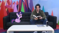 Size: 1022x569 | Tagged: safe, derpibooru import, twilight sparkle, human, arin hanson, book, egoraptor, filly, filly twilight sparkle, game grumps, irl, irl human, photo, ponies in real life