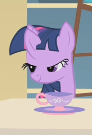 Size: 311x453 | Tagged: safe, derpibooru import, screencap, twilight sparkle, pony, unicorn, a bird in the hoof, animation error, cropped, great moments in animation, mid-blink screencap, solo, teacup, wat