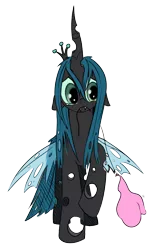 Size: 500x761 | Tagged: safe, artist:rainbow-dosh, artist:xioade, color edit, colorist:rainbow-dosh, derpibooru import, edit, queen chrysalis, changeling, changeling queen, balloon, colored, crying, female, floppy ears, image, png, sad, simple background, solo, teary eyes, transparent background