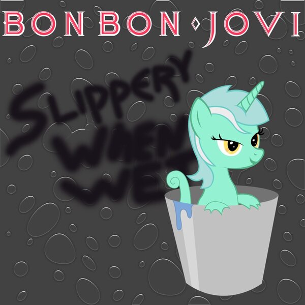 Size: 894x894 | Tagged: safe, artist:ak71, derpibooru import, bon bon, lyra heartstrings, sweetie drops, ponified, pony, sea pony, album cover, background pony, bon jovi, bonpun, bucket, female, implied bon bon, lidded eyes, mare, parody, ponified album cover, pun, seapony lyra, solo, water