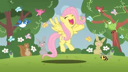 Size: 1191x670 | Tagged: artist:ak71, bee, bird, butterfly, derpibooru import, eyes closed, fluttershy, frog, rabbit, safe, solo, squirrel