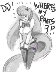 Size: 695x900 | Tagged: artist:slugbox, blushing, bottomless, breasts, clothes, covering, derpibooru import, dialogue, embarrassed, female, human, humanized, monochrome, octavia melody, pantyhose, solo, suggestive, tailed humanization