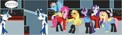 Size: 1874x549 | Tagged: angel bunny, applejack, artist:cartoonlion, clumsy, derpibooru import, exploitable meme, fluttershy, mane six, meme, pinkie pie, rainbow dash, rarity, safe, screaming armor, shining armor, spoiler:comic, star trek, twilight sparkle, uss enterprise