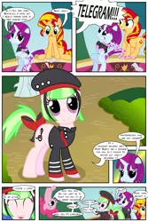 Size: 1540x2310 | Tagged: safe, artist:violetclm, derpibooru import, drama letter, mystery mint, pinkie pie, sunset shimmer, watermelody, ponified, pony, equestria girls, background human, beret, clothes, comic, equestria girls ponified, scarf, speech bubble, tail bow, telegram