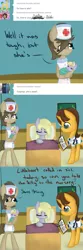Size: 565x1710 | Tagged: safe, artist:lilliesinthegarden, derpibooru import, derpy hooves, dinky hooves, doctor horse, doctor stable, doctor whooves, time turner, pony, ask, baby, baby pony, bed, comic, crossdressing, cute, glare, hospital, looking at you, male, nurse, nurse turner, sleeping, trap, tumblr