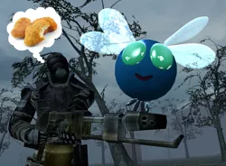 Size: 969x713 | Tagged: 3d, artist:dbuilder, chicken nugget, clone, derpibooru import, f.e.a.r., flamethrower, gmod, implied immolation, lunchtime, mercenary, parasprite, safe, tastes like chicken, this will end in death, thought bubble, weapon