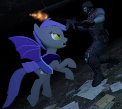 Size: 944x847 | Tagged: safe, artist:dbuilder, derpibooru import, oc, oc:midnight blossom, bat pony, human, pony, 3d, assault rifle, attack, gmod, guard, gun, m4 carbine, m4a1, mercenary, night, night guard, street