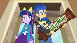 Size: 960x539 | Tagged: safe, derpibooru import, edit, flash sentry, twilight sparkle, oc, oc:milky way, equestria girls, chocolate, exploitable meme, flash sentry savior of the universe, guitar, meme, milky way bar