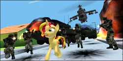 Size: 1263x633 | Tagged: safe, artist:dbuilder, derpibooru import, sunset shimmer, human, pony, 3d, ed edd n eddy, explosion, gmod, helicopter, lav, mi-24 hind, soldier, street