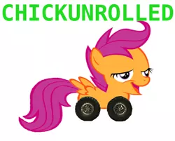 Size: 552x444 | Tagged: chickun, derpibooru import, duckroll, exploitable meme, meme, original species, safe, scootaloo, solo, wheelpone