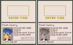 Size: 522x324 | Tagged: arstotzka, artist:rainbow-dosh, derpibooru import, flash sentry, papers please, parody, passport, safe, solo, video game