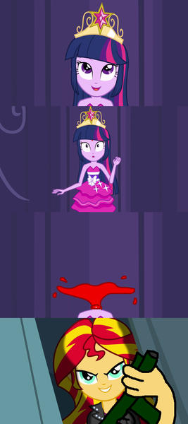 Size: 640x1439 | Tagged: grimdark, derpibooru import, edit, edited screencap, screencap, sunset shimmer, twilight sparkle, equestria girls, 1000 hours in ms paint, alternate scenario, bad end, blood, comic, death, decapitated, decapitation, gun, ms paint, murder, screencap comic