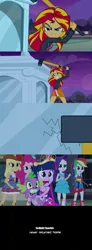 Size: 640x1748 | Tagged: safe, derpibooru import, edit, screencap, applejack, pinkie pie, rainbow dash, rarity, spike, sunset shimmer, twilight sparkle, equestria girls, bad end, comic, mirror, quantum leap, sam beckett, sledgehammer