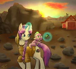 Size: 3000x2700 | Tagged: alternate universe, artist:jitterbugjive, derpibooru import, gem, rarity, riding, rock farm, safe, spike