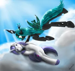 Size: 1000x950 | Tagged: artist:konelozhtsev, cloud, cloudy, derpibooru import, female, flying, male, on back, queen chrysalis, safe, shining armor, shining chrysalis, shipping, straight