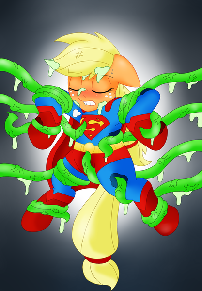 Size: 1863x2683 | Tagged: app-el, applejack, artist:blackbewhite2k7, bondage, commission, crossover, derpibooru import, female, parody, questionable, solo, solo female, superhero, superman, supermare, tentacle porn, tentacles, tentacles on female