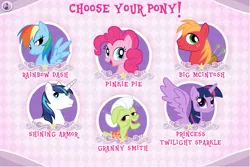 Size: 751x501 | Tagged: safe, derpibooru import, official, big macintosh, granny smith, pinkie pie, rainbow dash, shining armor, twilight sparkle, twilight sparkle (alicorn), alicorn, pony, equestrivia challenge, female, game, hubworld, mare