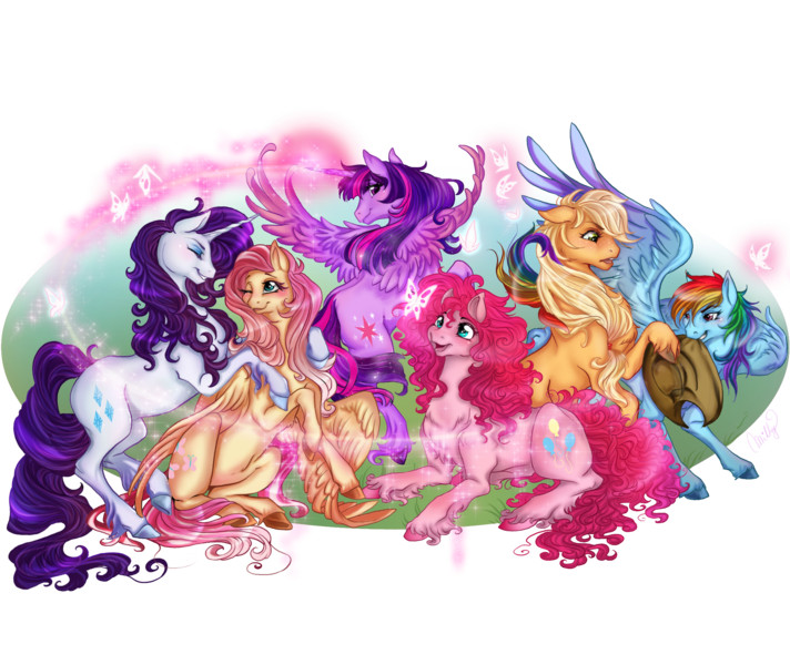 Size: 2215x1866 | Tagged: safe, artist:cigarscigarettes, derpibooru import, applejack, fluttershy, pinkie pie, rainbow dash, rarity, twilight sparkle, twilight sparkle (alicorn), alicorn, pony, action poster, female, magic, mane six, mare, messy mane, patronus, realistic, unshorn fetlocks