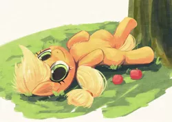 Size: 1412x1000 | Tagged: apple, applejack, artist:apricolor, chest fluff, cute, derpibooru import, grass, jackabetes, looking at you, obligatory apple, on back, partial background, safe, solo, tree