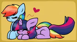 Size: 1205x662 | Tagged: safe, artist:luckyshy, derpibooru import, rainbow dash, twilight sparkle, blushing, female, heart, lesbian, shipping, twidash, twilight cat