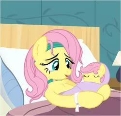 Size: 6000x5765 | Tagged: safe, artist:matty4z, derpibooru import, fluttershy, posey, pony, absurd resolution, baby, baby pony, babyshy, bed, blanket, chest fluff, cute, filly, foal, g1, g1 to g4, generation leap, headband, hospital, lamp, mother and daughter, newborn, origins, pillow, poseybetes, shyabetes, wristband