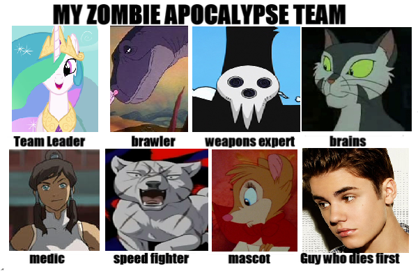 Size: 600x390 | Tagged: justin bieber, korra, meme, princess celestia, safe, zombie apocalypse team