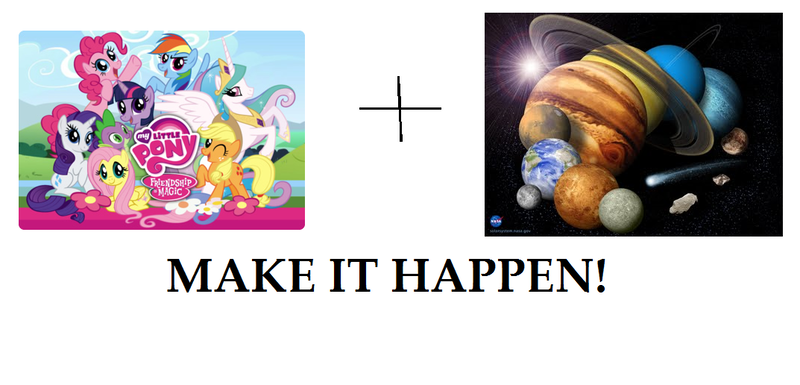 Size: 1073x516 | Tagged: applejack, artist needed, derpibooru import, earth, exploitable meme, fluttershy, hilarious in hindsight, it happened, jupiter, make it happen, mars, meme, mercury (planet), moon, neptune, pinkie pie, planet, pluto (planet), princess celestia, rainbow dash, rarity, safe, saturn, solar system, spike, sun, twilight sparkle, uranus, venus