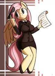 Size: 700x960 | Tagged: anthro, artist:tg-0, breasts, businessmare, busty fluttershy, clothes, curvy, derpibooru import, female, fluttershy, high heels, paper, safe, shoes, skirt, skirt suit, solo, suit, sunglasses, tube skirt, wide hips