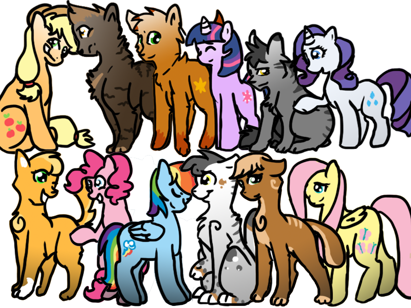 Size: 800x600 | Tagged: safe, artist:arianalovesyou, derpibooru import, applejack, fluttershy, pinkie pie, rainbow dash, rarity, twilight sparkle, friendship is magic, brambleclaw, firestar, graystripe, greystripe, leafpool, sorreltail, squirrelflight, warrior cats