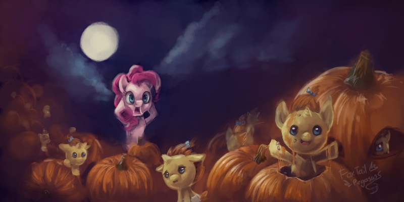 Size: 3000x1500 | Tagged: artist:foxtailpegasus, clone, derpibooru import, moon, multeity, night, pinkie pie, pumpkin, pumpkin cake, safe, surreal