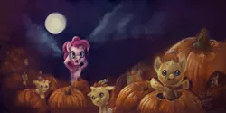 Size: 3000x1500 | Tagged: artist:foxtailpegasus, clone, derpibooru import, moon, multeity, night, pinkie pie, pumpkin, pumpkin cake, safe, surreal