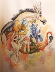 Size: 739x960 | Tagged: artist:queenanneka, derpibooru import, discord, princess celestia, princess luna, safe