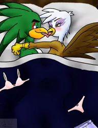 Size: 783x1021 | Tagged: suggestive, artist:sonigoku, derpibooru import, gilda, anthro, gryphon, blushing, breasts, female, french kiss, giljet, implied sex, jet, jet the hawk, kissing, male, sonic the hedgehog (series), straight