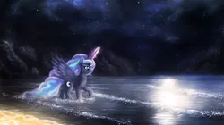 Size: 1100x614 | Tagged: artist:macalaniaa, bay, beach, cliff, coast, derpibooru import, moon glade, princess luna, safe, sand, solo, stars, wave