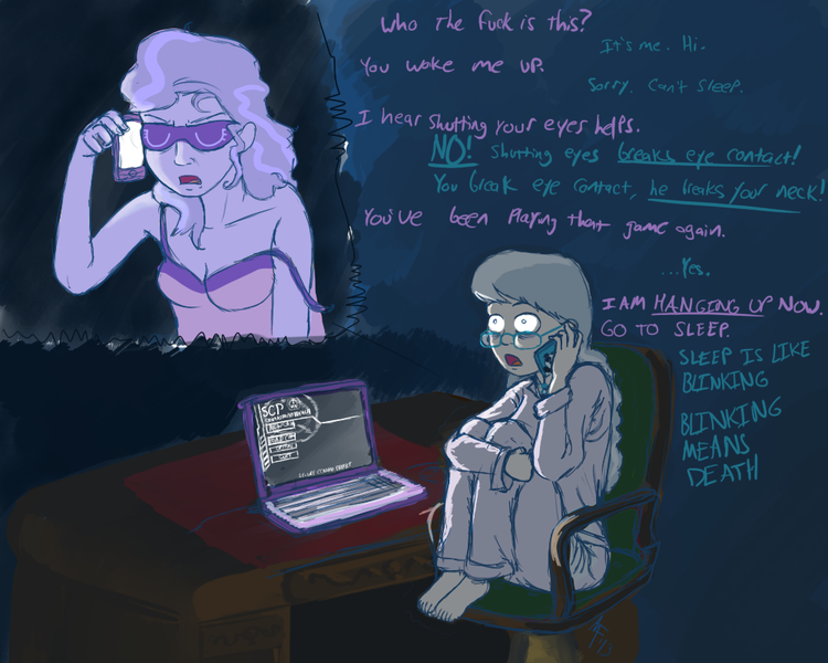 Size: 1000x800 | Tagged: artist:aa, chair, clothes, computer, derpibooru import, desk, diamond tiara, female, glasses, human, humanized, laptop computer, mobile phone, older, older diamond tiara, older silver spoon, pajamas, paranoia, safe, scared, scp-173, scp containment breach, scp foundation, silver spoon, sleep mask, teenager, telephone, thousand yard stare, tired, vulgar