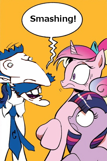 Size: 365x549 | Tagged: derpibooru import, edit, exploitable meme, meme, nigel thornberry, princess cadance, safe, screaming armor, smashing (meme), spoiler:comic, twilight sparkle, wat