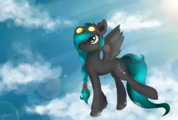 Size: 1024x692 | Tagged: safe, artist:astralispl, derpibooru import, oc, unofficial characters only, pegasus, pony, braid, cloud, cloudy, crepuscular rays, cute, fluffy, goggles, lens flare, raised leg, solo, spread wings