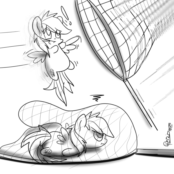 Size: 3000x3000 | Tagged: artist:tkc, butterfly net, caught, chibi, dead source, derpibooru import, micro, monochrome, rainbow dash, safe, solo, style emulation