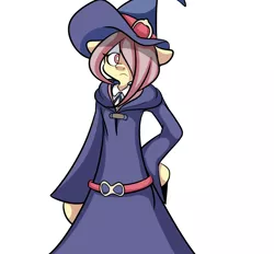 Size: 1074x997 | Tagged: safe, artist:extradan, derpibooru import, fluttershy, pony, belt, bipedal, clothes, dress, hat, little witch academia, solo, sucy manbavaran, witch, witch hat