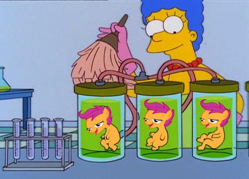 Size: 500x359 | Tagged: chickun, derpibooru import, exploitable meme, meme, safe, scootaloo, the simpsons, wat