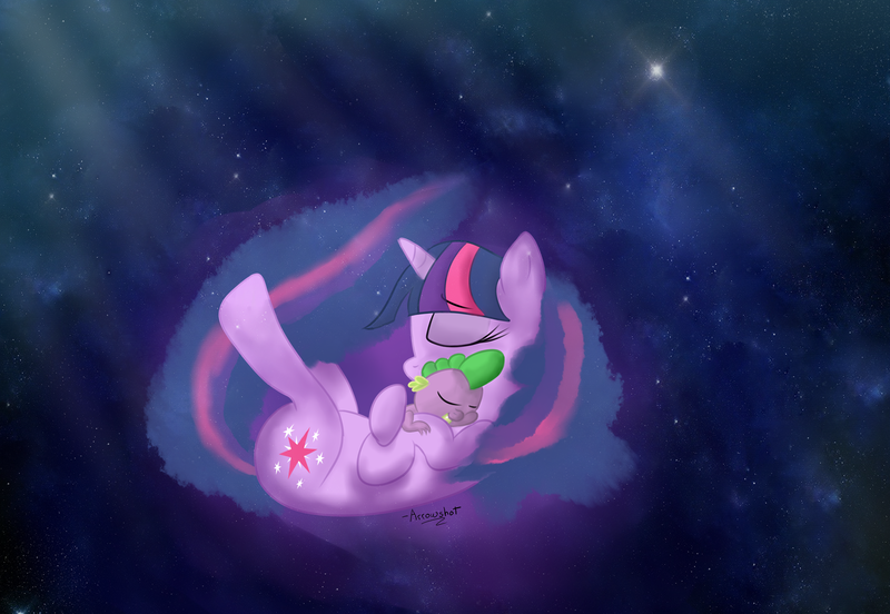 Size: 2946x2034 | Tagged: artist:arrowshot, derpibooru import, hug, safe, sleeping, spike, spikelove, twilight sparkle