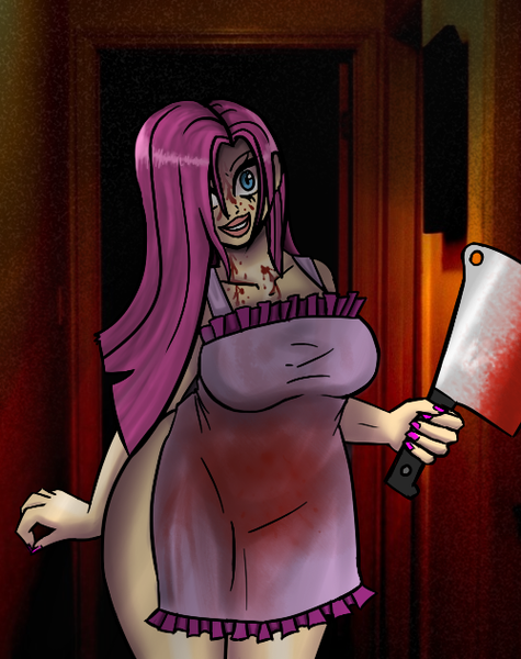 Size: 500x632 | Tagged: apron, artist:stubbornstallion, blood, breasts, busty pinkie pie, clothes, curvy, dark, derpibooru import, female, human, humanized, insanity, nudity, pinkamena diane pie, pinkie pie, semi-grimdark, solo, solo female, suggestive, weapon, wide hips