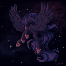 Size: 3000x3000 | Tagged: safe, artist:quennyqueen, derpibooru import, princess luna, alicorn, pony, crown, ethereal mane, female, flying, hoof shoes, jewelry, looking at you, mare, regalia, signature, solo, space, spread wings, starry mane, wings