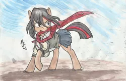 Size: 2133x1377 | Tagged: artist:godsonvacation, clothes, derpibooru import, dirt, jacket, kill la kill, mouth hold, ponified, raised hoof, ryuko matoi, safe, scissors, skirt, solo, sword, traditional art, weapon