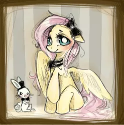 Size: 552x559 | Tagged: safe, artist:dear-cotton-candy, derpibooru import, angel bunny, fluttershy, bowtie, clothes, portrait