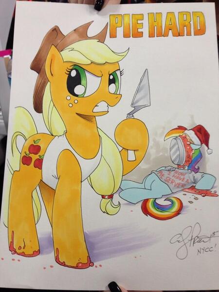 Size: 768x1024 | Tagged: applejack, artist:andypriceart, derpibooru import, die hard, parody, pie, pied, pie server, rainbow dash, safe, traditional art