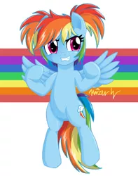Size: 648x824 | Tagged: safe, artist:kaizenwerx, derpibooru import, rainbow dash, pegasus, pony, abstract background, alternate hairstyle, bipedal, female, mare, pigtails, signature, solo